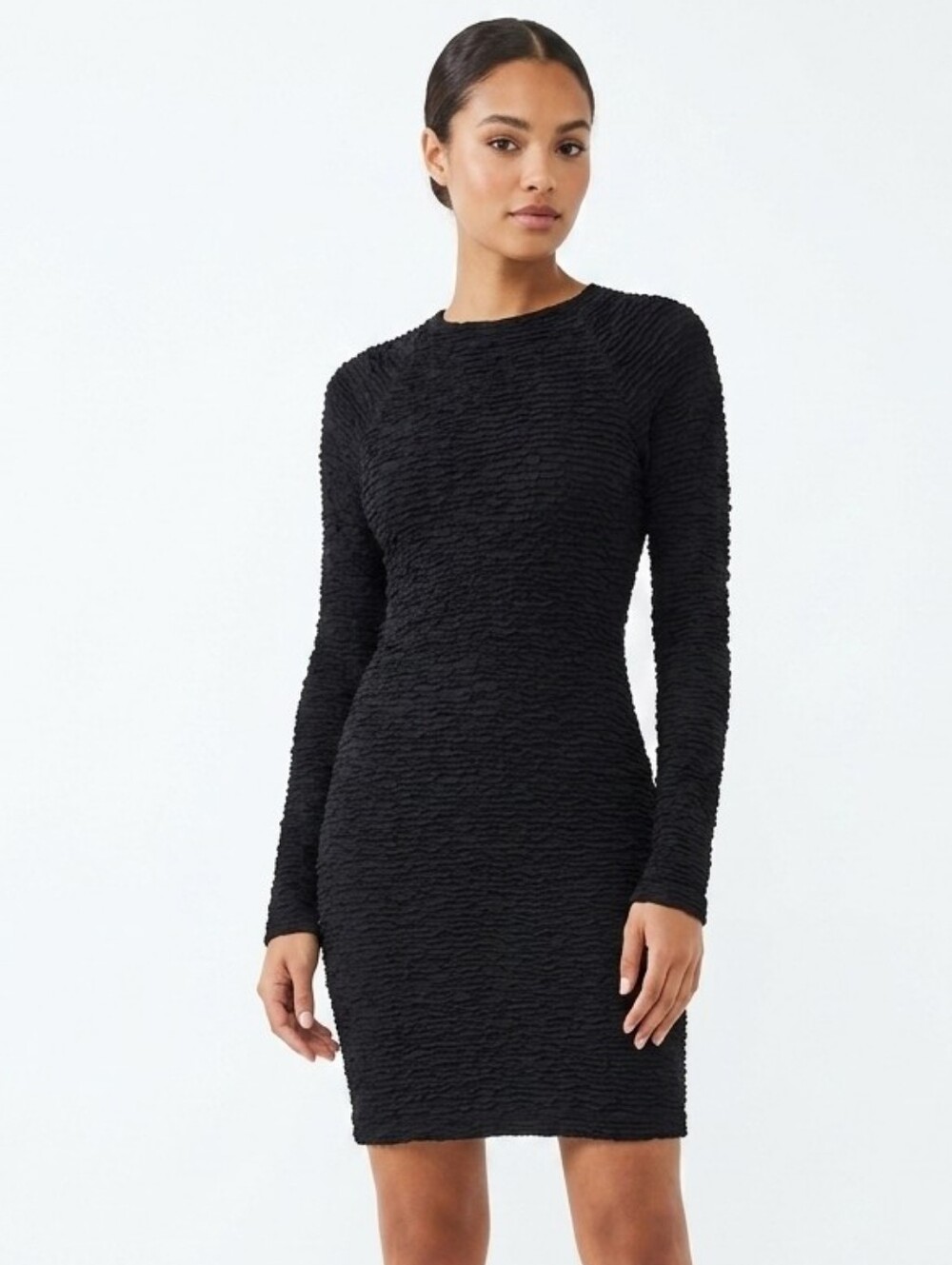 H&M Black Crinkle Popcorn Knit Bodycon Mini Dress Long Sleeve Ruched M LBD